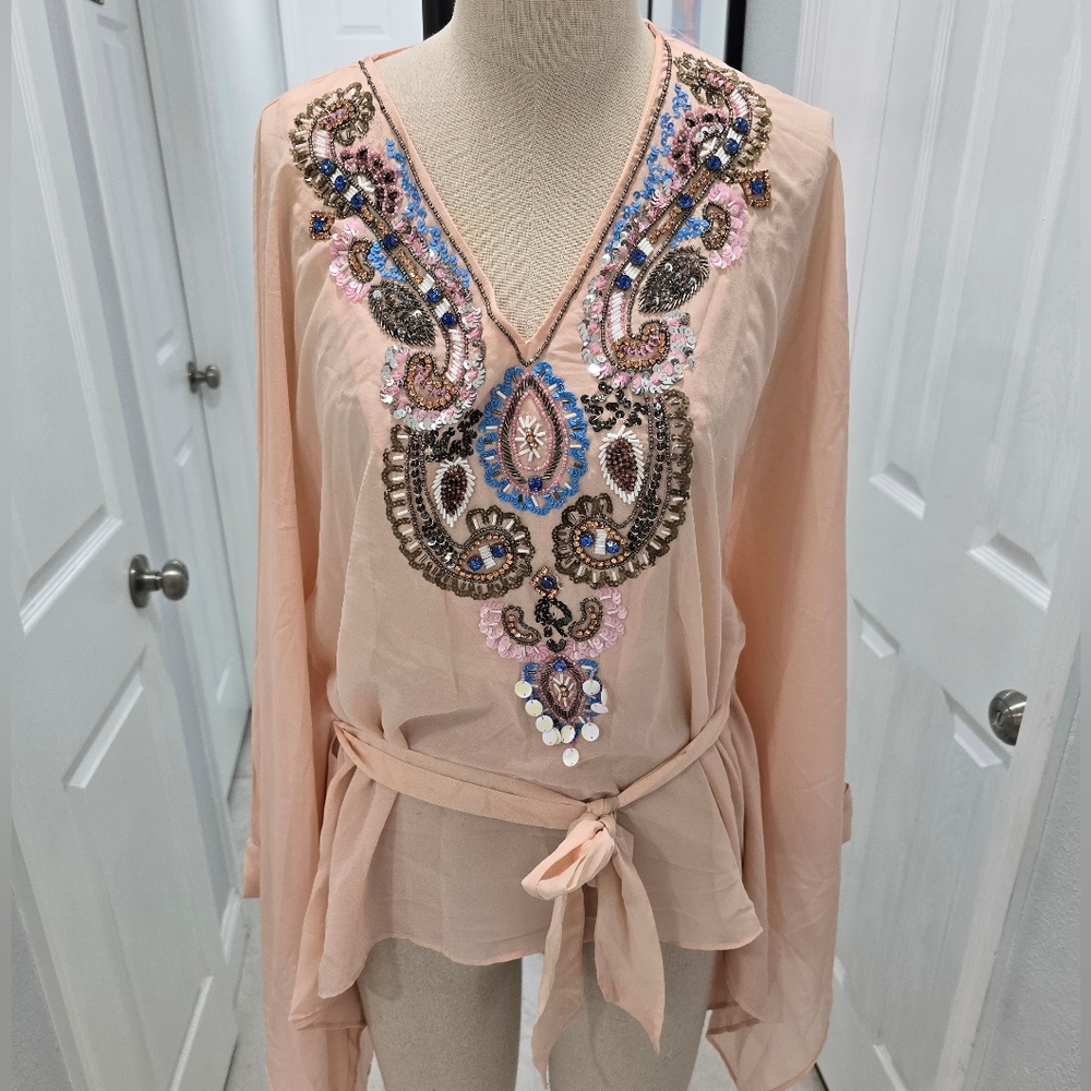 ✨ Boho Embellished Sheer Tunic Top – Delicate Embroidery & Rhinestones ✨